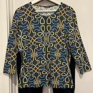 EUC J. McLaughlin “Signature Tee” size XL. Classic dark green/blue & gold print.